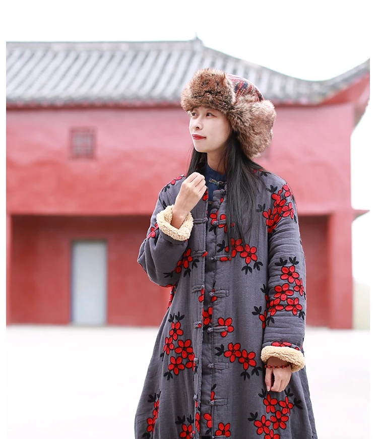 LZJN Women's Chinese-Style Floral Embroidered Trench Coat, Maxi Loose Overcoat, Windproof Fleece Jacket, for Autumn and Winter