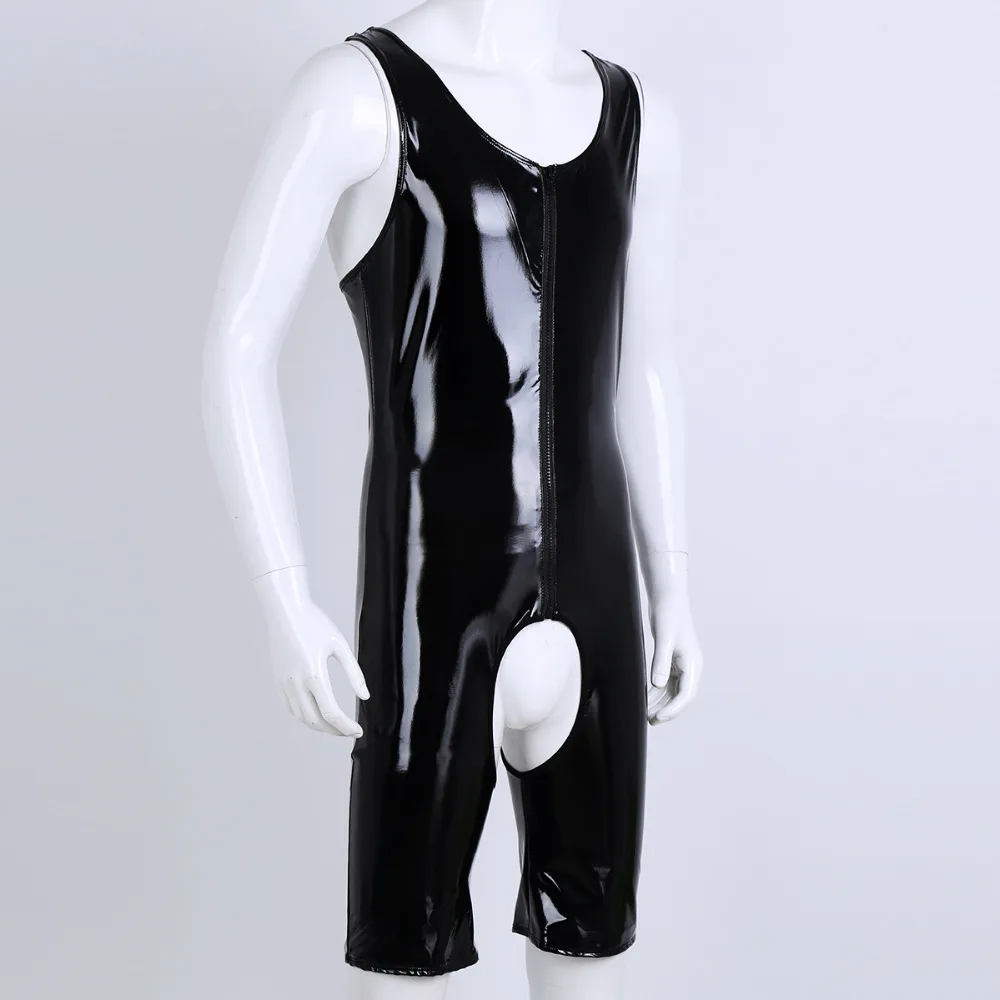 Мужские Wetlook Bodystocking лакированная кожа Цельный передняя молния открыты с прорезью Singlet Боксер шорты трико гимнастический костюм