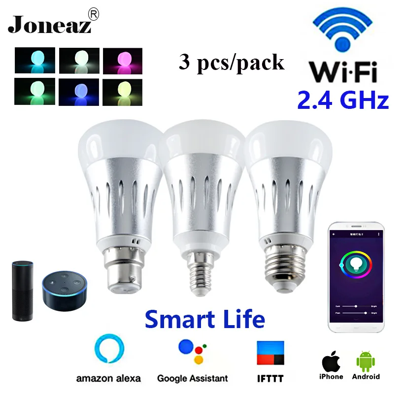 

3pcs WIFI Bulb 10W E27 B22 E14 bombilla RGB Dimmable lamp Smart Light alexa Google Assistant IFTTT colorful decorative Joneaz