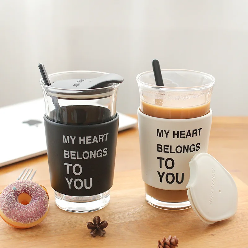 

Glass Coffee Mug Anti-scalding Insulation Borosilicate Glass Milk Cup with Lid Silicone Cover Spoon Office Tumbler Drinkware