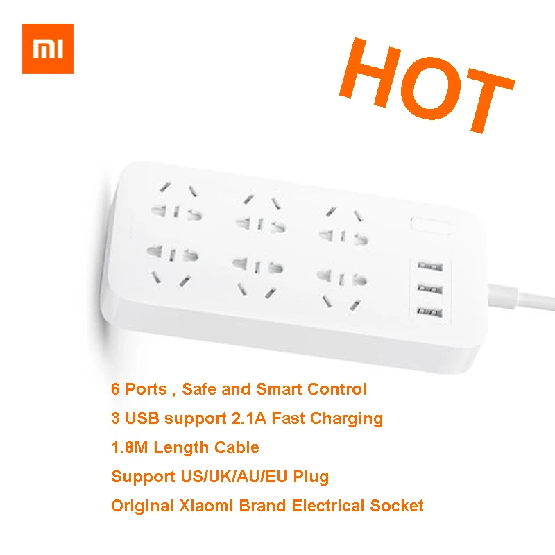 Xiaomi Mi умный блок питания 6 портов с 3 USB быстрой зарядкой 2.1A USB разъем питания зарядное устройство розетка США Великобритания ЕС AU блок питания