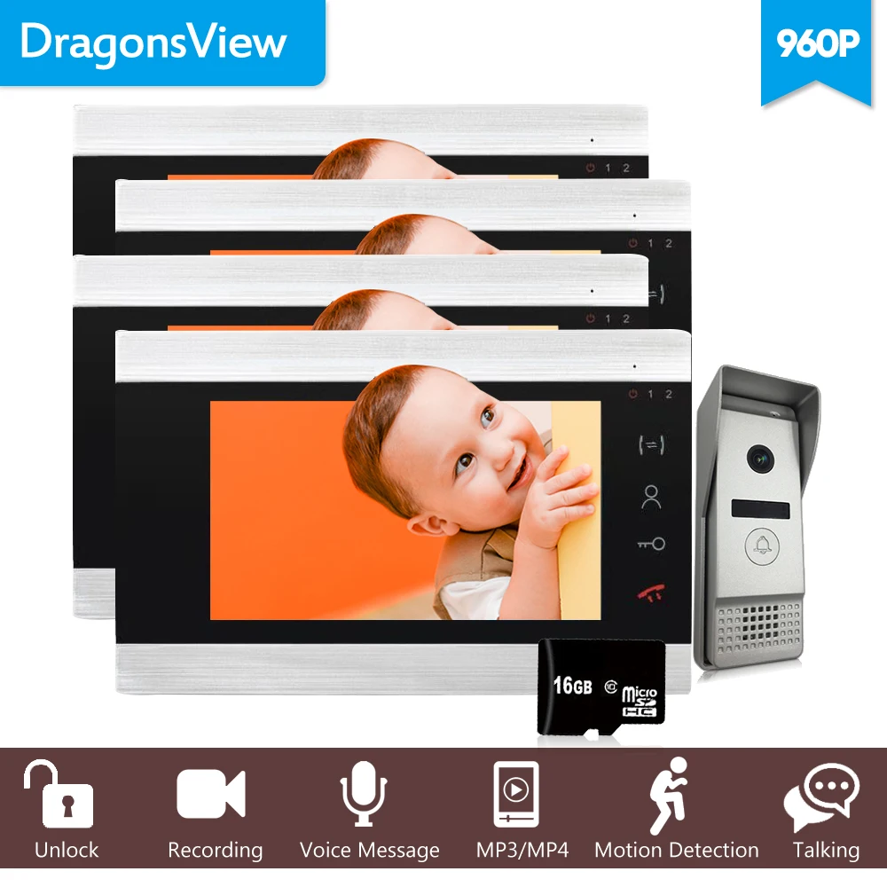 Dragonsview 7 Inch 960P Video Door Phone 4 Monitor Wide Angle video intercom for the apartment 1 doorbell Panel Motion Detection Dragonsview 7 Inch 960P Video Door Phone 4 Monitor Wide Angle video intercom for the apartment 1 doorbell Panel Motion Detection
