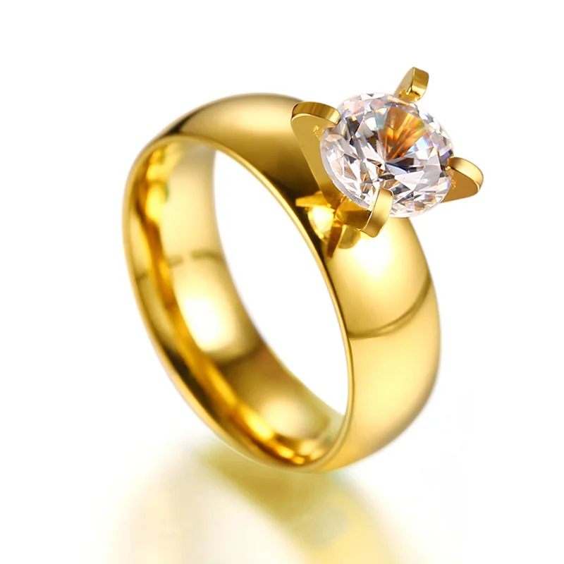 Meaeguet Classic Solid Gold-color Stainless Steel Prong Setting Cubic Zirconia Wedding Rings For Women Wedding Bands USA Size