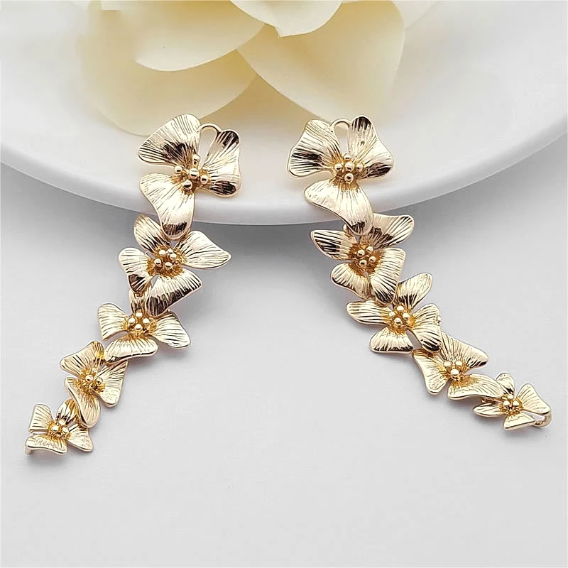 

(31722)4PCS Full length 56MM 24K Champagne Gold Color Plated Brass 5 Connect Flower Charms Pendants Diy Jewelry Accessories