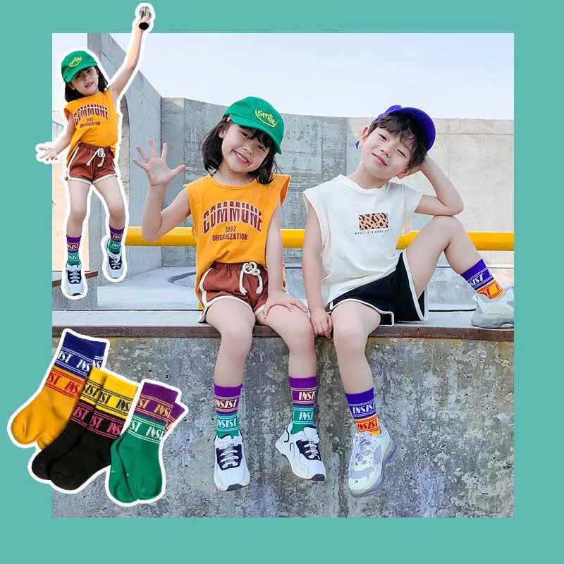 Милые детские носки с помпоном и буквенным принтом, гольфы для девочек и мальчиков, осенне-зимние хлопковые длинные уличные носки