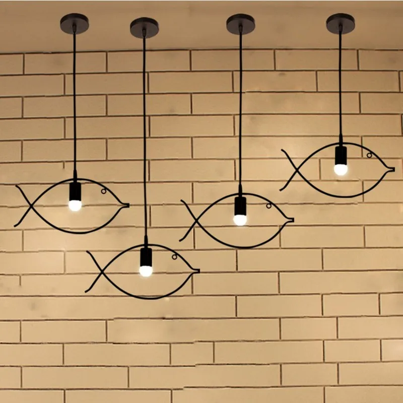 

Geometry Small Fish Shape Chandelier Iron Single Head Simple Style Creativity Modeling Lamp Bedroom Cafe Decoration Lamp