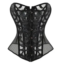 Malha Sexy Espartilhos e Bustiê Rede Elástica Oco Out Flores Design Fechamento Busk Bustier Corset Corpo Shapewear Cincher Corselet