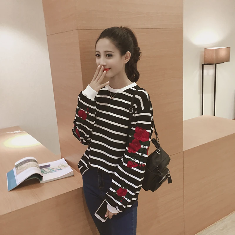 Roses Embroidery Lantern Sleeve Loose Striped Women Sweatshirt (15)