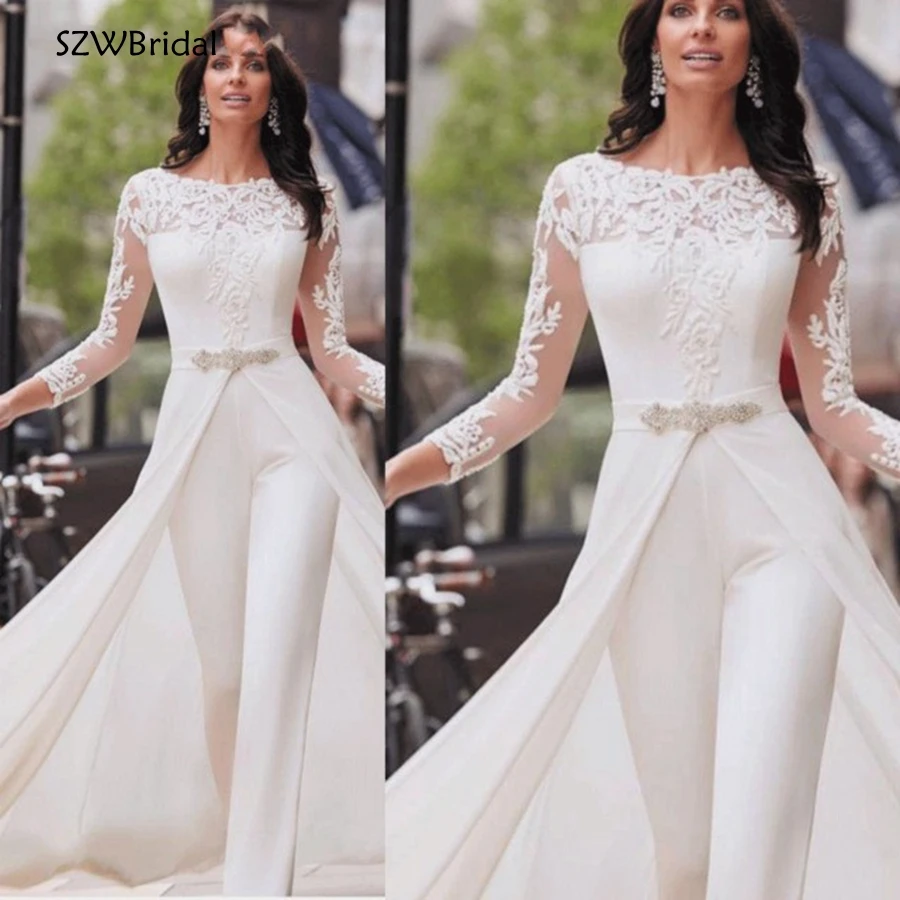 

New Arrival White Long sleeve evening dresses 2020 Jumpsuit Dubai Arabic Evening Dress Party Pants abiye formal dress