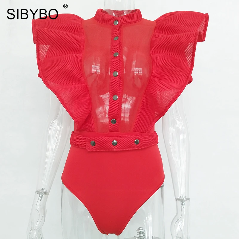 Sibybo Black Ruffles Bodysuit Women 2018 Summer Hollow Out Combinaison Rompers Women Sexy Short Mesh Bodycon Overalls for Women