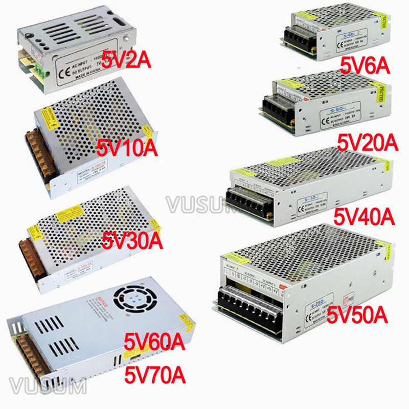 VUSUM 5V Питание 2A 6A 10A 20A 30A 40A 50 60A 72A Светодиодные ленты света переключатель переменного тока трансформаторы WS2812B WS2801 SK6812 Светодиодные ленты