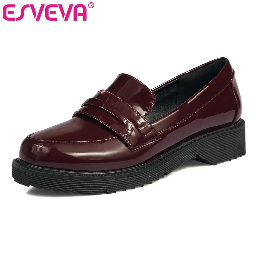 

ESVEVA 2017 PU Med Heel Woman Pumps Slip on British Leisure Women Shoes Round Toe Platform Spring Autumn Shoes Big Size 34-43
