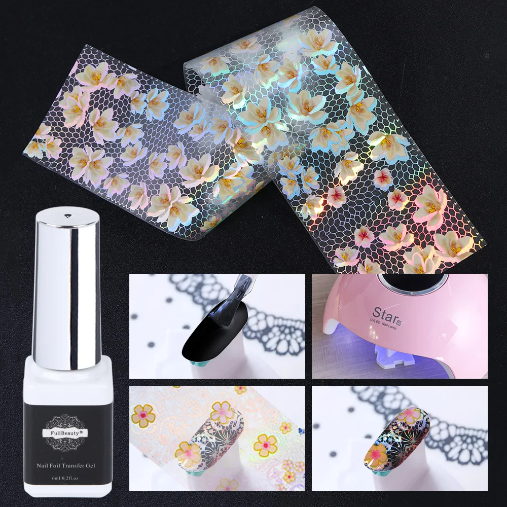 16pcs Nail Foil Set with Transfer Glue White Lace Holographic Flowers Sticker Nail Art UV Gel Full Wraps Decor Manicure LA931-1