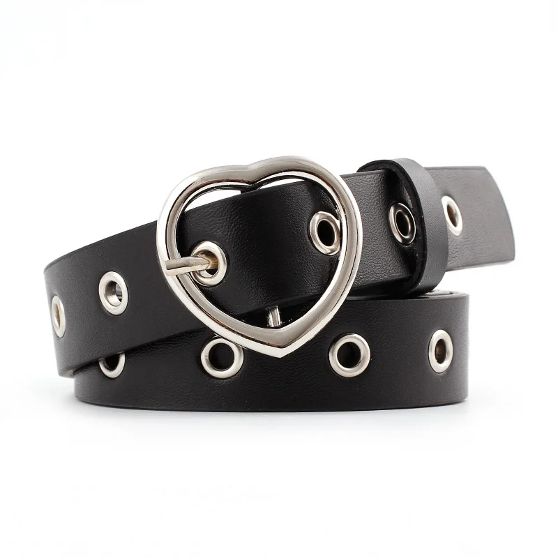 

Female Ladies Silver Metal Heart Grommet Belts For Women New Design Black White Narrow Thin Pu Leather Belt Waistband 165