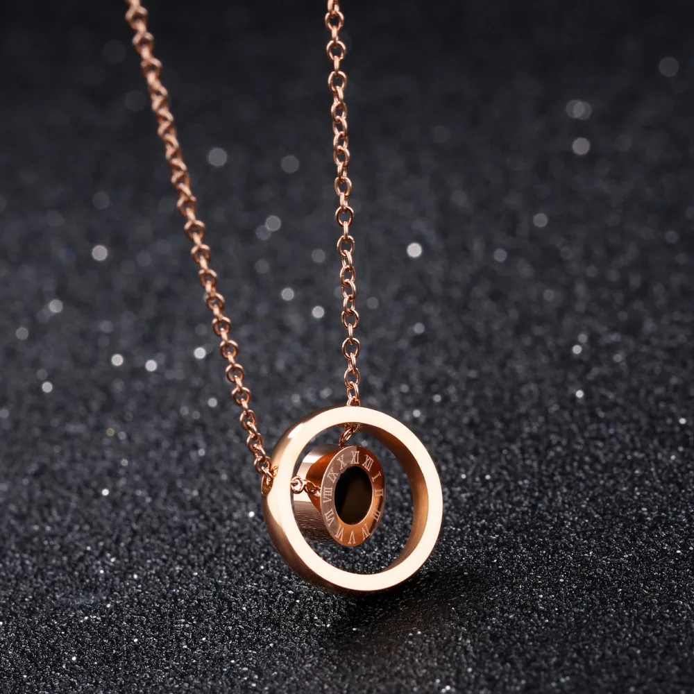 

NEWBUY 2017 Fashion Rose Gold Color Women Round Roman Numerals Pendant Necklace For Women Stainless Steel Female Jewelry