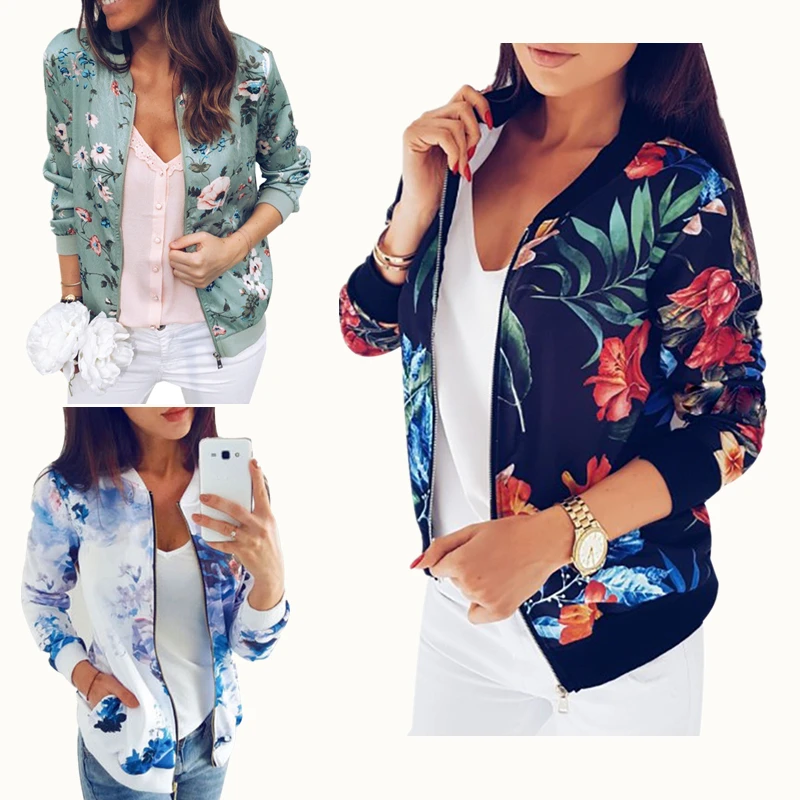 Retro Floral Print Jacket Women Zipper Up Long Sleeve