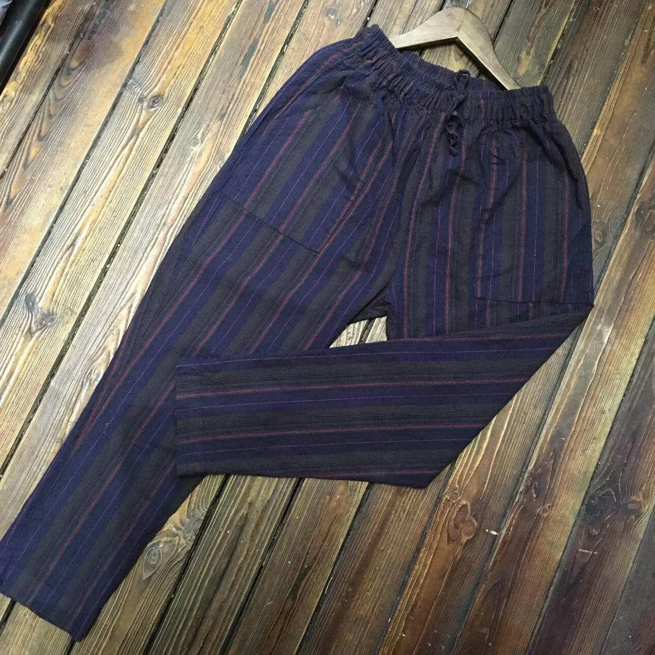 Женщины Stripes Брюки Эластичный Пояс Свободные Повседневные Дамы Полосатый Хлопок