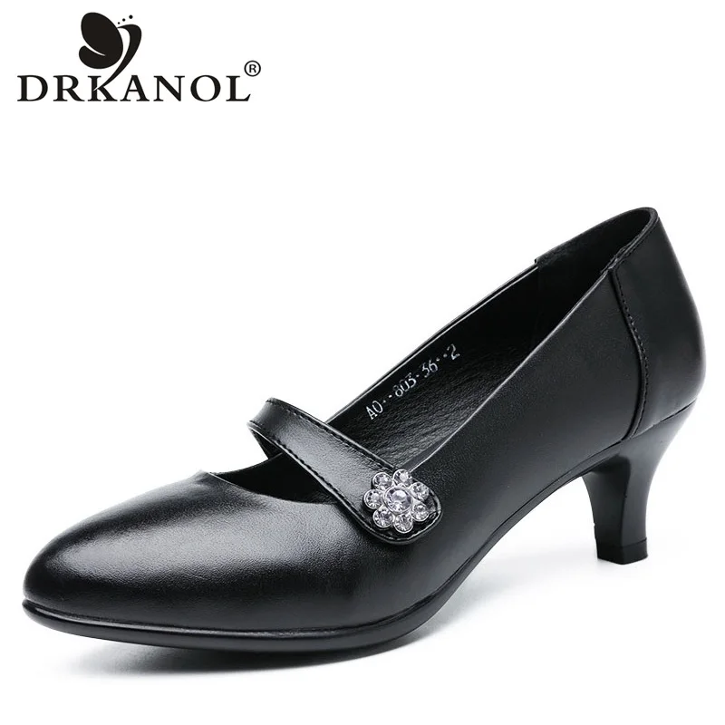 

DRKANOL New Spring Summer Women High Heels Shoes Slip On Women Pumps Genuine Leather Crystal Pointed Toe Black Office Shoes