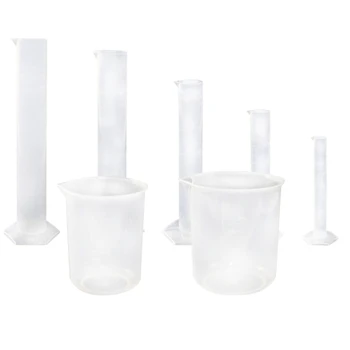 

5 Pcs Clear Plastic Graduated Cylinder, 10, 25, 50, 100, 250ml, with 2 Plastic Beakers and 1 Cylinder Brush