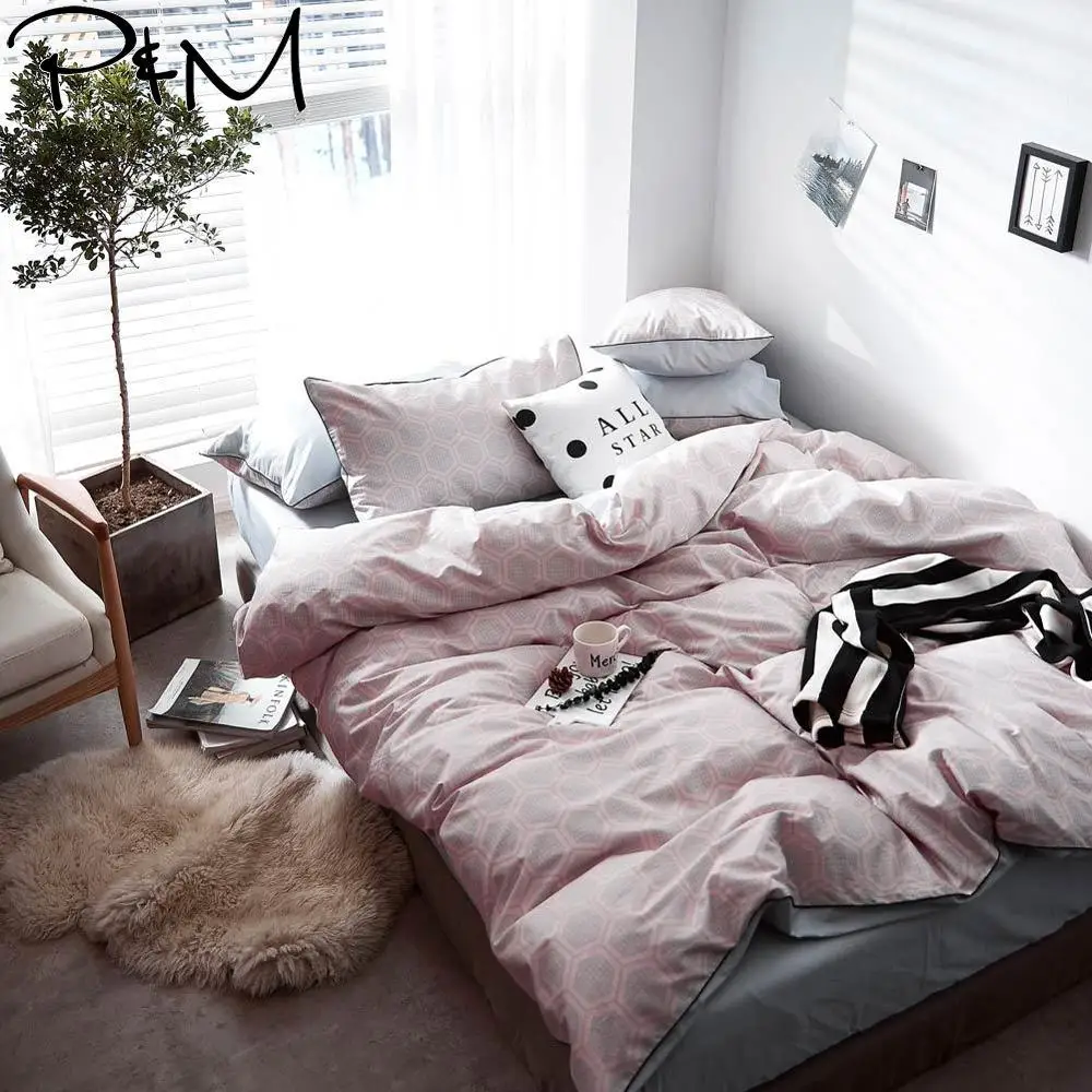 

2019 Nordic Pink Geometric Duvet Cover Set Flat Fitted Sheet Cotton Bedlinens Hypoallergenic Twin Queen King Bedlinens