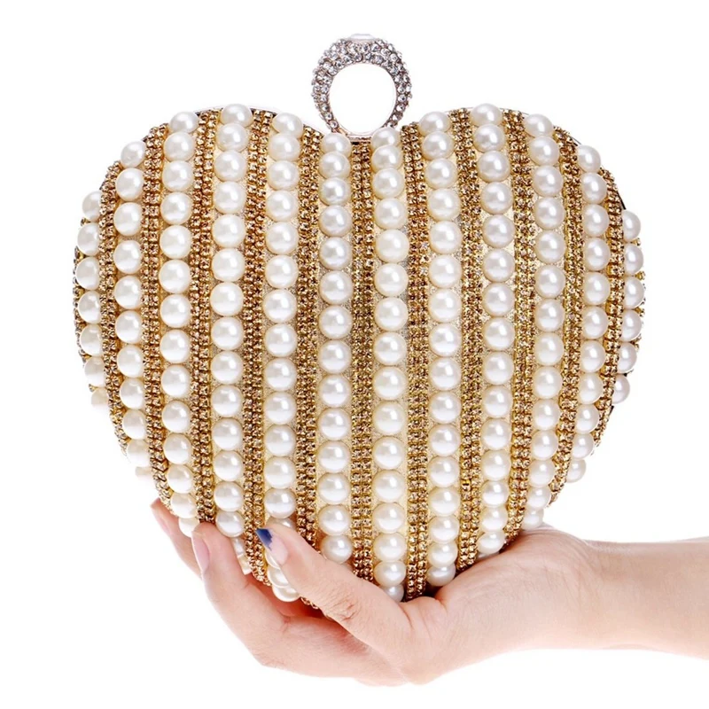 

BEAU-Ladies Messenger Bag Pearl Heart Shape Evening Bag Bride Banquet Dress Clutch Purse Handbag