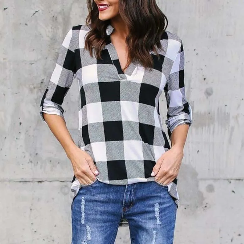 Women Fashion V Neck Long Sleeve Plus Size S 5XL Loose Blouse Casual Check Plaid Baggy Shirts Classic Pullovers Blouses