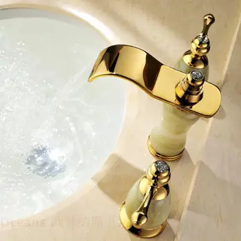 

Authentic European classical imitation marble double the three-hole natural jade gold-plated hot and cold waterfall basin taps