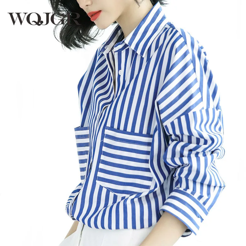 

WQJGR Spring And Autumn Long Sleeve Woman Shirt Red White Blue Stripe BF Wind Blusa Feminina