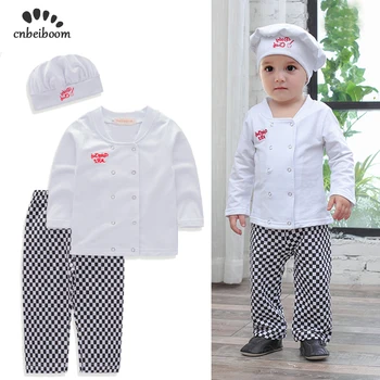 

Baby boys sets chef play suit cotton white shirt+plaid pants+hat long sleeves toddler kids clothes outfit kids party costume