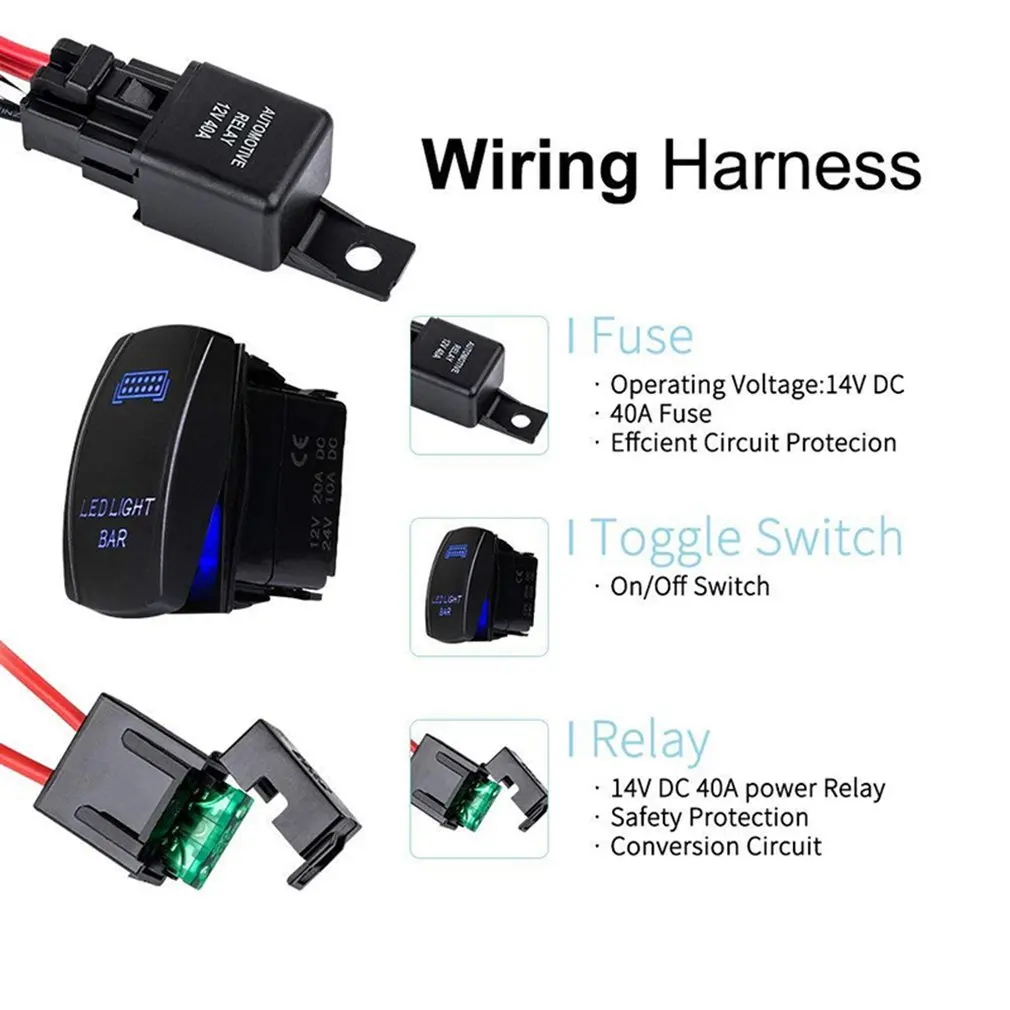 Автомобильный противотуманный светильник 12 В/40 А, жгут проводов, вкл/выкл, светодиодный светильник, переключатель для бездорожья, точечный светильник, комплект реле с переключателем
