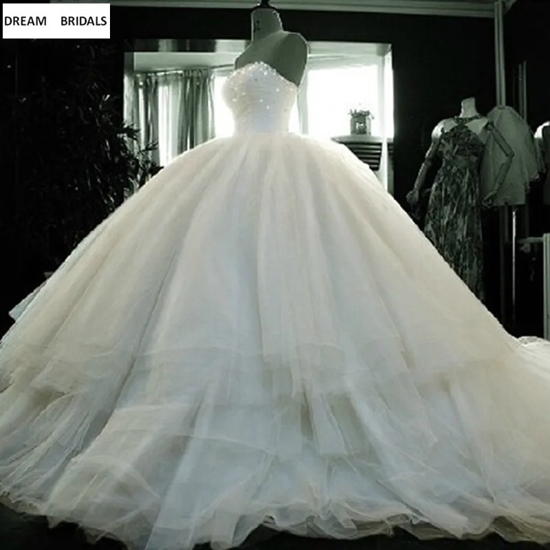 Real Photo Strapless Bridal Gowns Ball Gown Wedding Dresses Court Train 2019 Beading Sequined Pleat Vestido De Noiva (1)