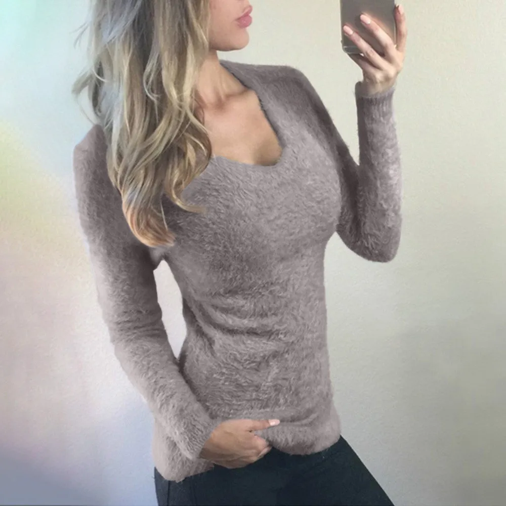 Autumn Women lady V-neck Slim Sweater Shirt Casual Warm High Elastic Long Sleeve Tops and Blouse Slim Fit Sweaters