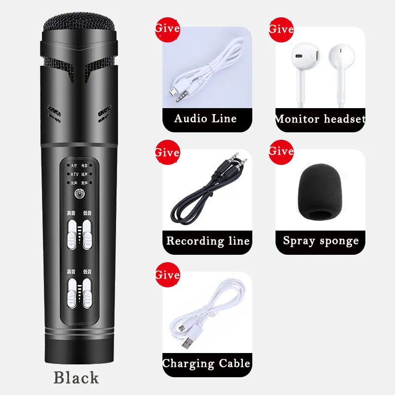 Модный мини-микрофон для караоке, профессиональный проводной микрофон для мобильного телефона, антиразбрызгивающий конденсаторный Студийный микрофон - Цвет: Black