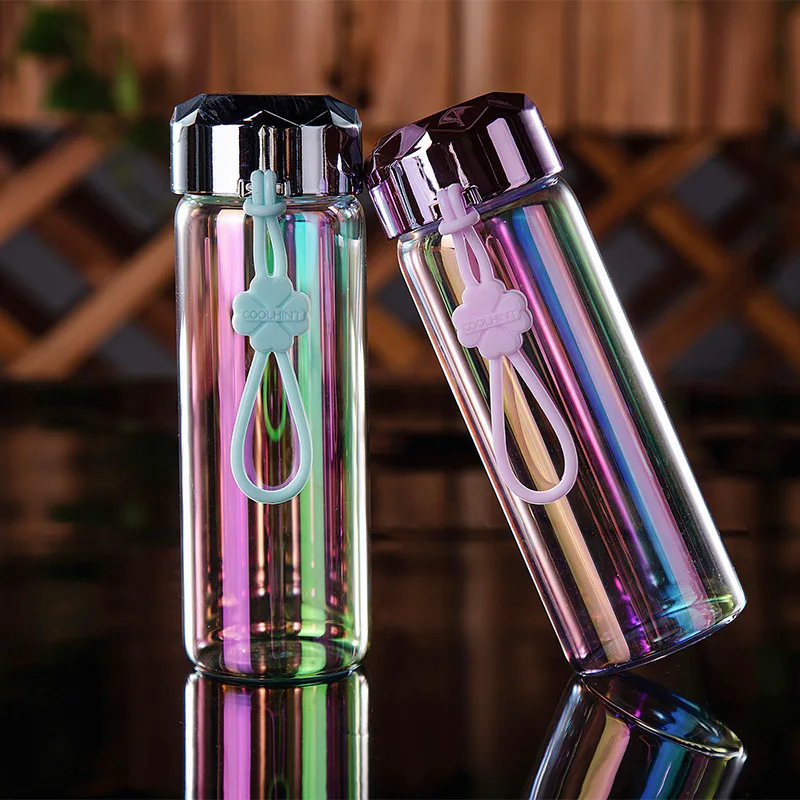

350ml Nano Mirror Bright Glass Water Bottle Girl Women Rainbow Juice Milk Drink Bottles with Silicone Rope Portable Drinkware