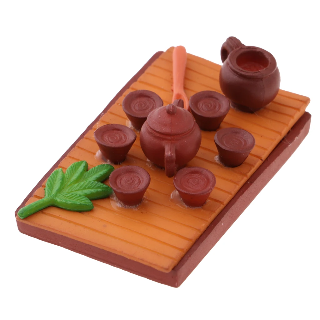 

Vintage 1/12 Dolls House Miniature Tableware Clay Tea Tray Tea Set Pot Cup Model Children Pretend Play Toy