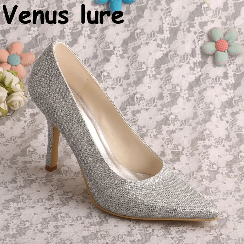 Pointed Toe High Heel Pumps Silver Shiny Fabric Women Evening Party Shoes