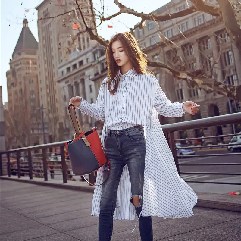 

TREND-Setter 2018 Spring Casual Striped Boluse Women Long Sleeve Irregular Shirt For Women