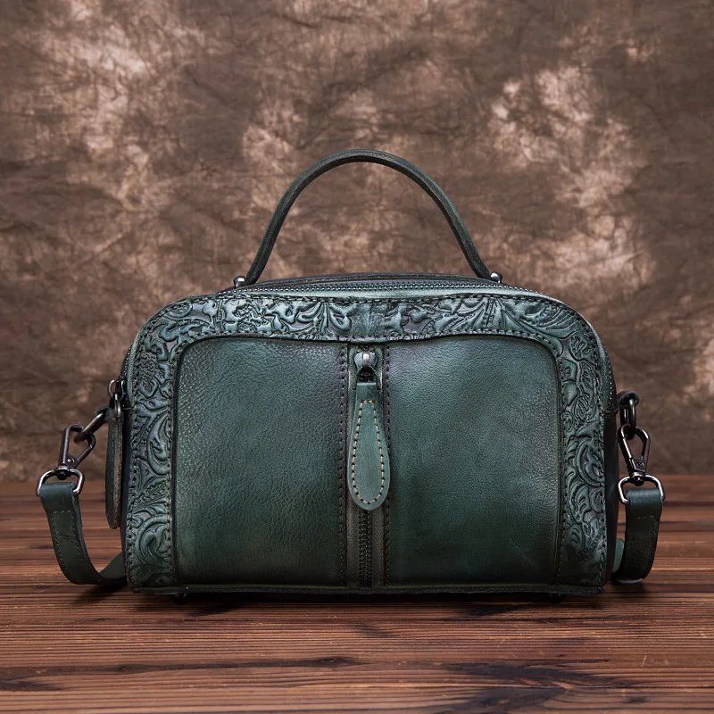 Высококачественные Женские сумки из натуральной воловьей кожи с верхней ручкой, тисненая Сумка-тоут, винтажная сумка через плечо, сумка-мессенджер - Цвет: Green