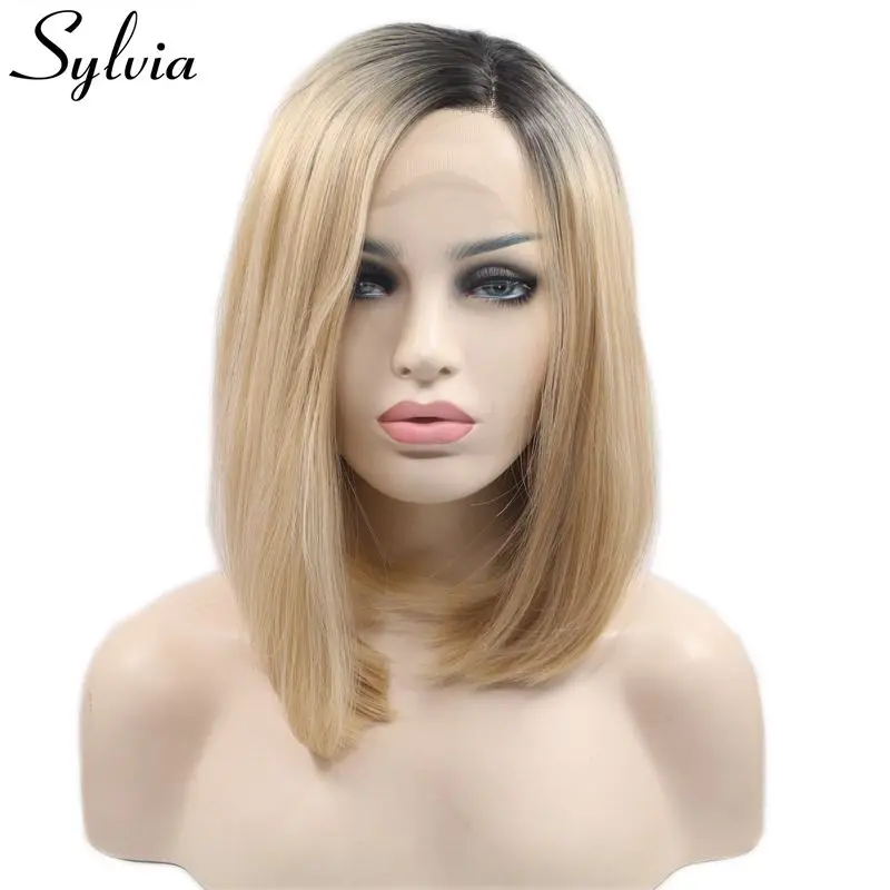 Sylvia смешанные Цвет черный ombre блондинка короткие Боб волос для Для женщин химическое Синтетические волосы на кружеве парик для Для женщин