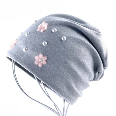 Новые модные шапочки шапка женская с цветами и жемчужинами женские весенне-осенние шапка бини женские повседневные шапки - Цвет: Gray2