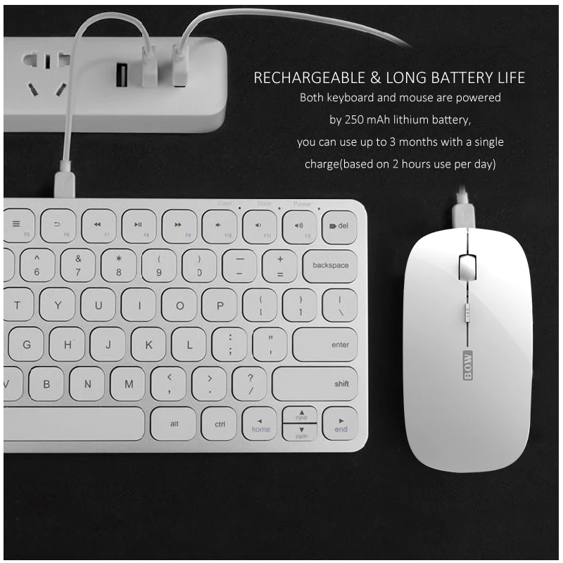 B.O.W 2.4Ghz Wireless Keyboard and Mouse Combo for computer with Nano USB Receiver, 78 Keys Rechargeable & Whiper-quiet Design