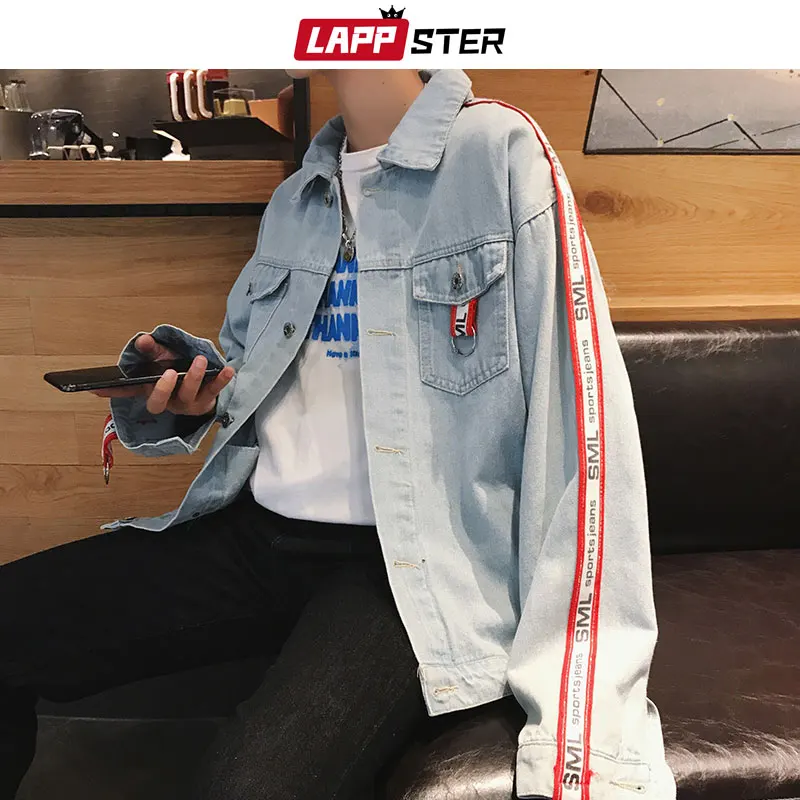 LAPPSTER Men Streetwear Side Striped Blue Jean Jackets 2019 Man Japanese Streetwear Harajuku Denim Jacket Windbreaker INS Ribbon LAPPSTER Men Streetwear Side Striped Blue Jean Jackets 2019 Man Japanese Streetwear Harajuku Denim Jacket Windbreaker INS Ribbon
