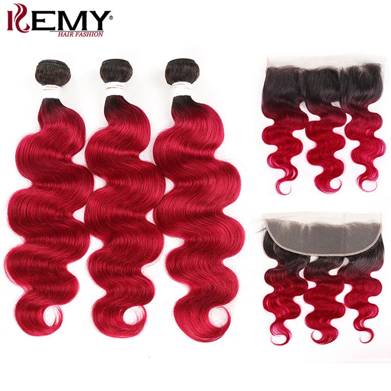 

99J/Burgundy Bundles With Frontal KEMY HAIR Brazilian Body Wave Human Hair Weave Bundles With Closure Non Remy Hair Extension
