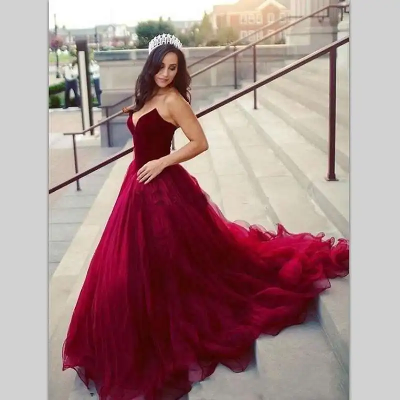 

Eightree Aline Prom Evening Dress Red Backless Bateau V Neck Elegant Tulle Bride Party Dress Mid Back Sweep Train Wedding Party