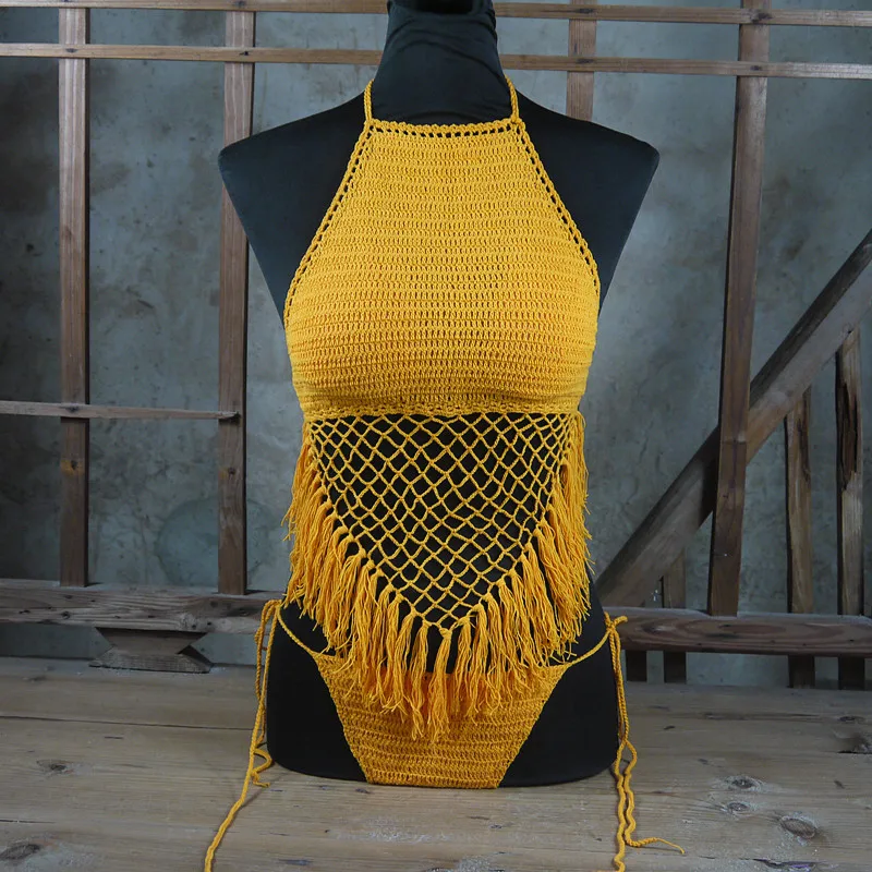 Crochet Bikini Crop Top Swimwear String, Beach Tassel Women Bikini Sexy