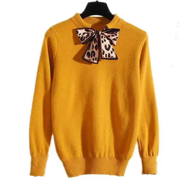 

Winter Women Leopard Bow Knot Scarf Decor Knitting Pullovers Korean Fashion Chic Women Knit Jerseys Winter Sweaters