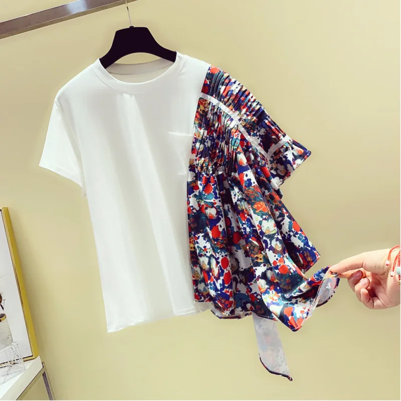 

[EWQ] 2019 Spring Summer New Pattern Round Collar Asymmetrical Patchwork Print Bohemian T-shirt Women Fashion Tide AH02100XL
