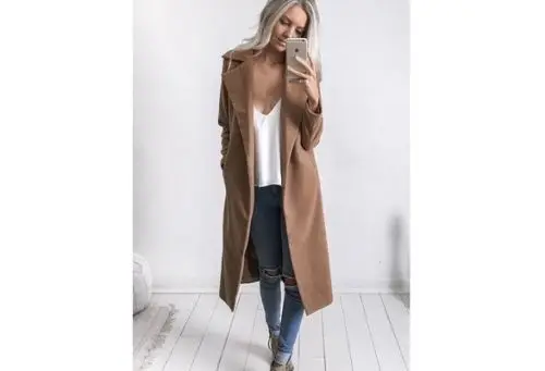 Hirigin Women Winter Warm Wool Lapel Trench Long Slim Turn Down Collar Long Cotton Outwear