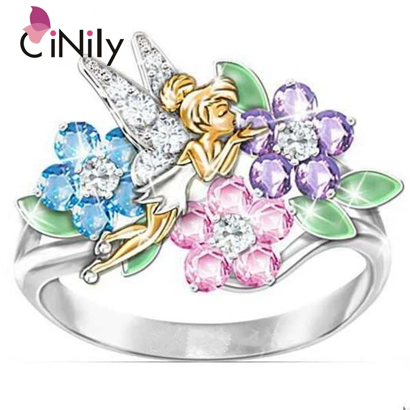

CiNily Angel Multicolor Crystal Zircon Flower Silver Women Ring Jewelry Cocktail Party Fully-Jewelled Female Size 6-10