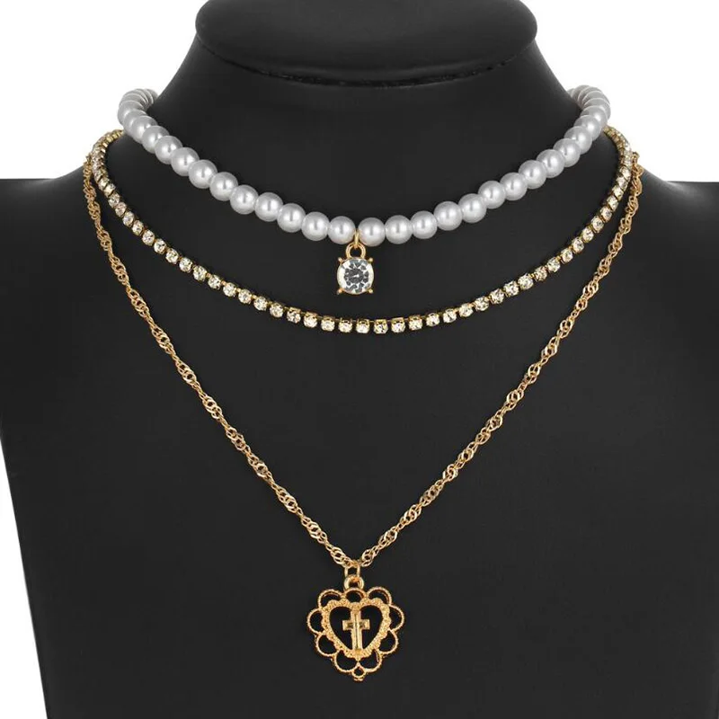 RscvonM элегантное колье из искусственного жемчуга многослойное ожерелье золотого цвета с кристальной цепочкой и полым крестом в форме сердца Чокеры ожерелье